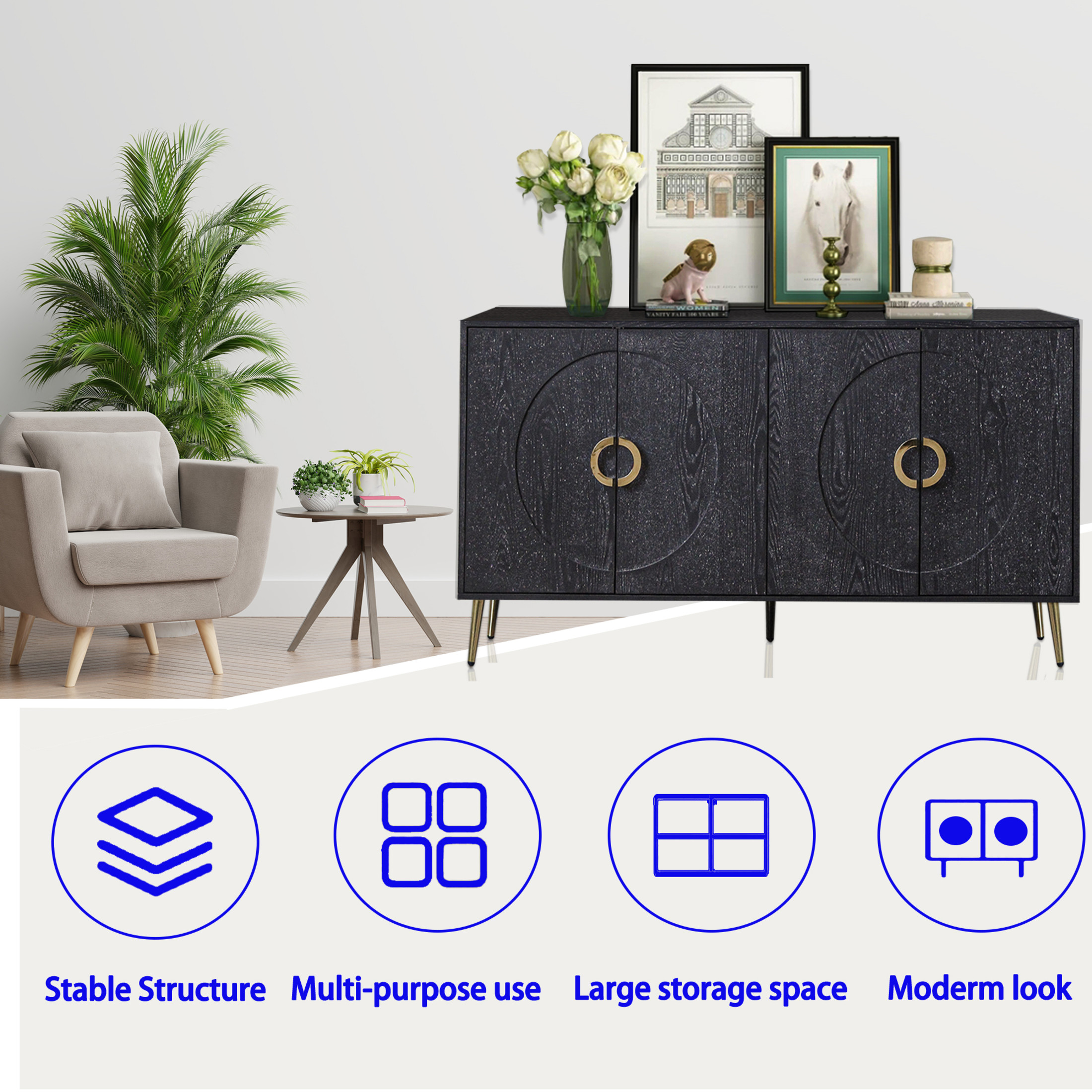 Noble House 59.8" Modern Lacquered Sideboard, Buffet Storage Cabinet with Adjustable Shelves, Distressed Black