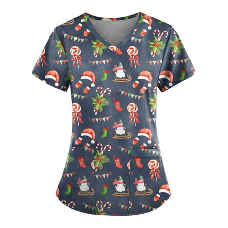 

EHTMSAK Printed Scrub Tops Women T Shirt Christmas Fall Short Sleeve V Neck Working Uniform Easy Fit Lightweight Nursing Blouse Medical Scrub Shirts with Pockets Navy 2X