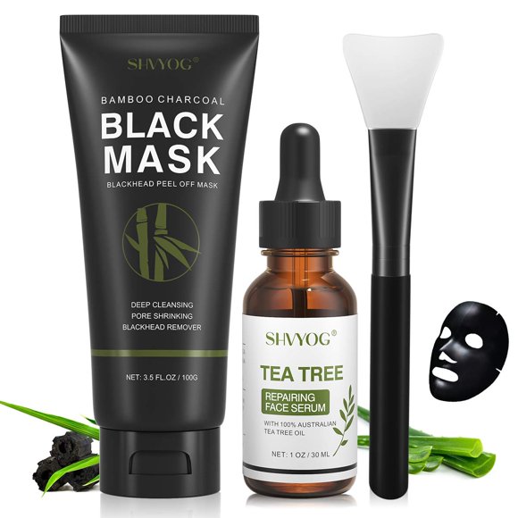Blackhead Peel Off Face Mask, SHVYOG 3-in-1 Blackhead Remover Mask with Brush & Tea Tree Oil Serum, Charcoal Face Mask for Deep Cleansing Blackheads, Dirts, Pores, Skin Oil (100g+30ml)