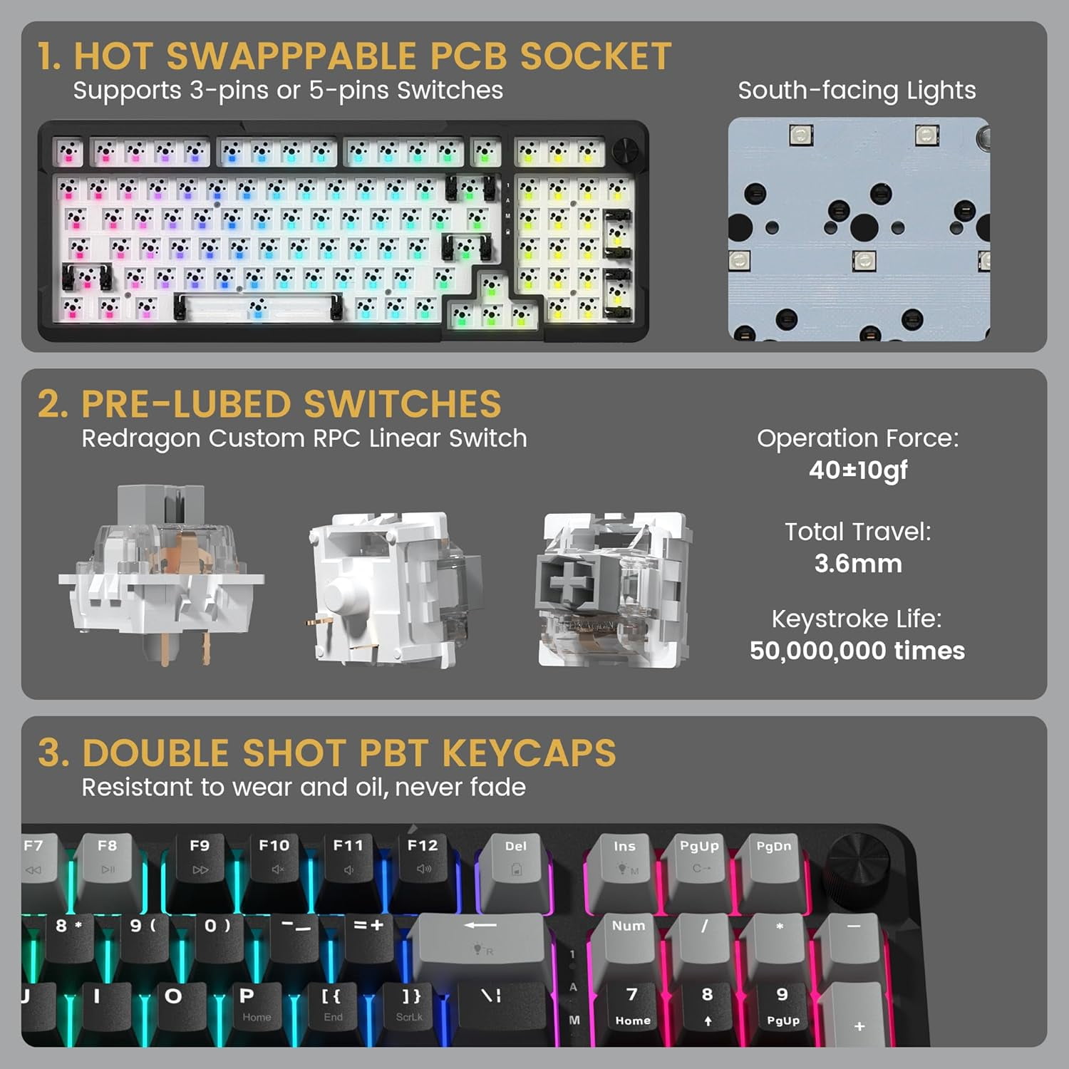 COSTOM Wireless Mechanical Keyboard, 3 Mode Gasket Mounted RGB Gaming Keyboard with Volume Knob, Pre-Lubed Linear Switches, MDA-Profile, 98 Keys Hot Swappable Creamy Keyboard for PC/Tablet/Xbox/PS4