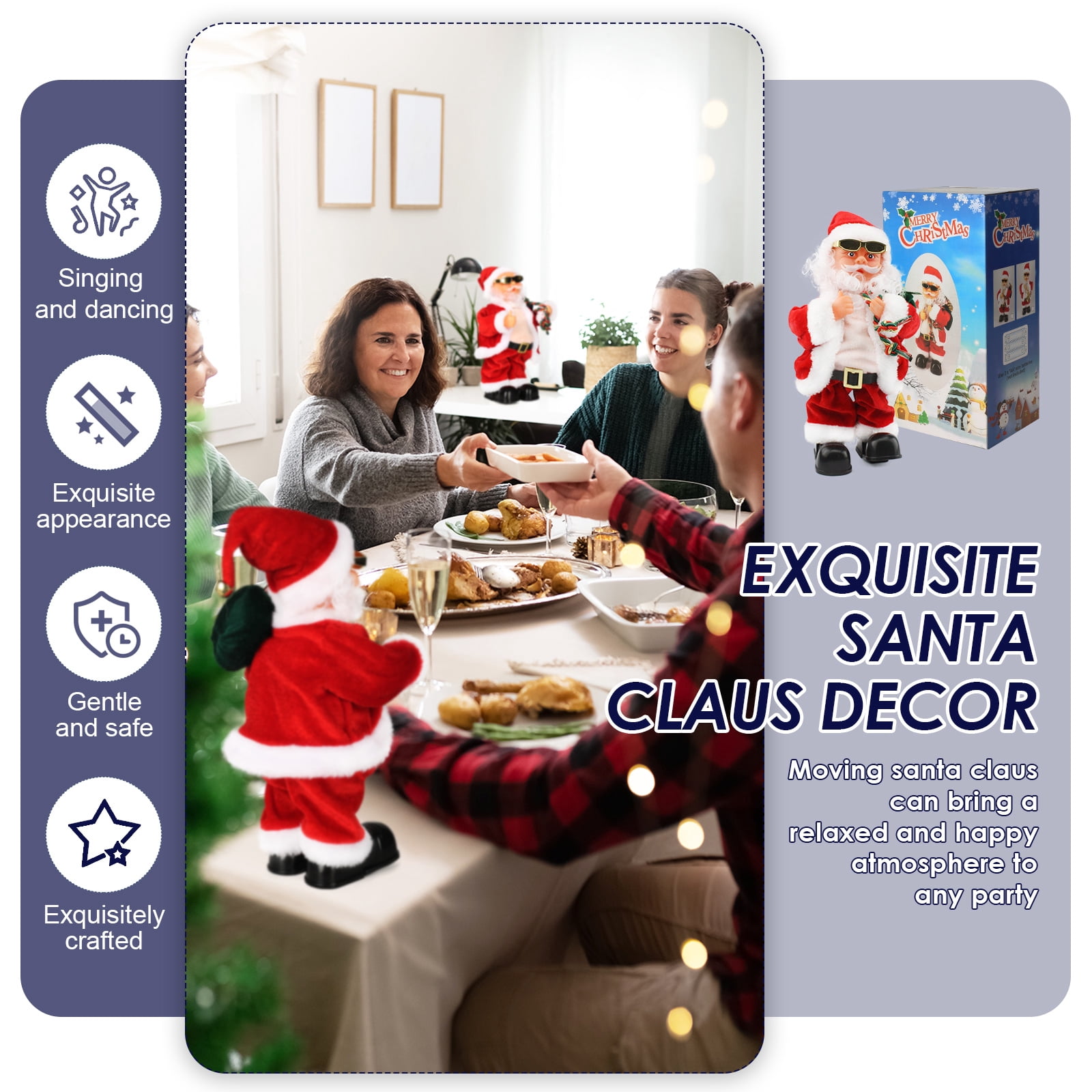 Belly Shaking Singing Dancing Santa Claus Toy with Music, Musical Christmas Decoration Playing Jingle Bells with Bouncing Glasses