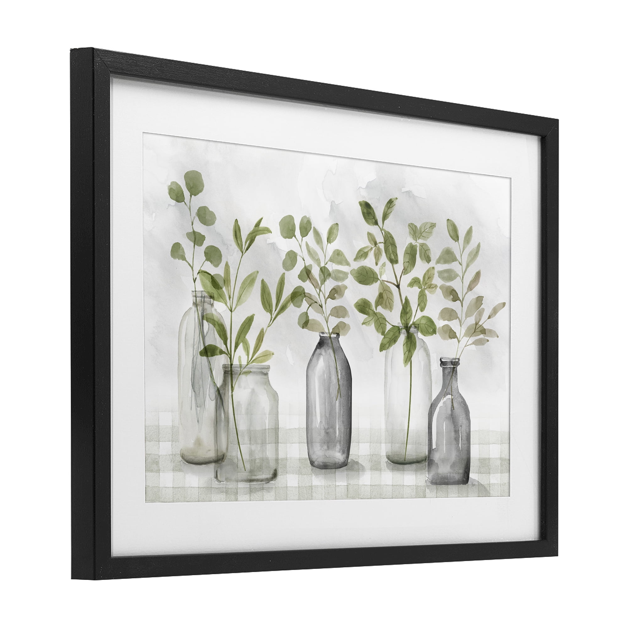 Stupell Industries Greenery Leaves in Vases Black Framed Print Under Glass, design by Nan