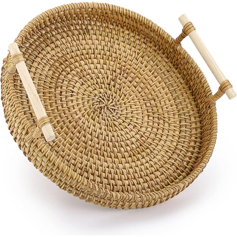 Small Round Rattan Serving Tray, Wicker Basket Tray with Handles