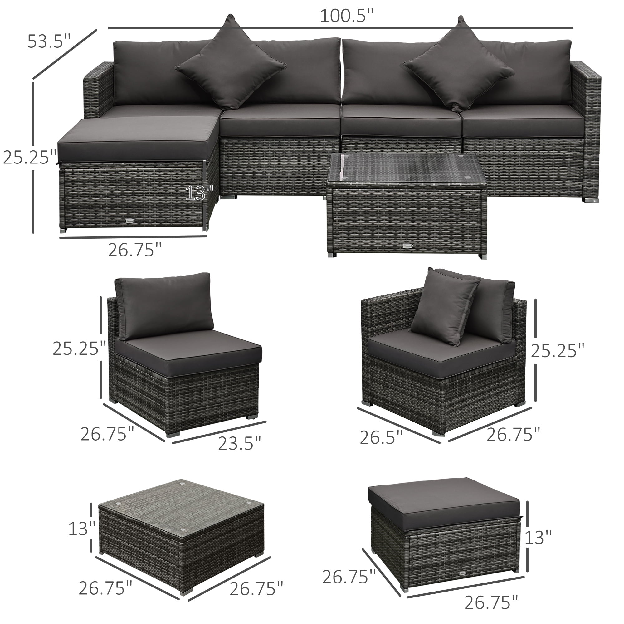 Outsunny 6 Pieces Patio Furniture Sets Outdoor Wicker Conversation PE Rattan Sectional sofa set with Ottoman, Tempered Glass Desktop, Charcoal