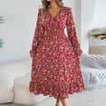 thumbnail image 6 of Generic Women's Floral Print Dress Long Sleeve V Neck Elastic Waist Ruffle A-Line Flowy Maxi Dresses Cocktail Fall Dress, 6 of 7