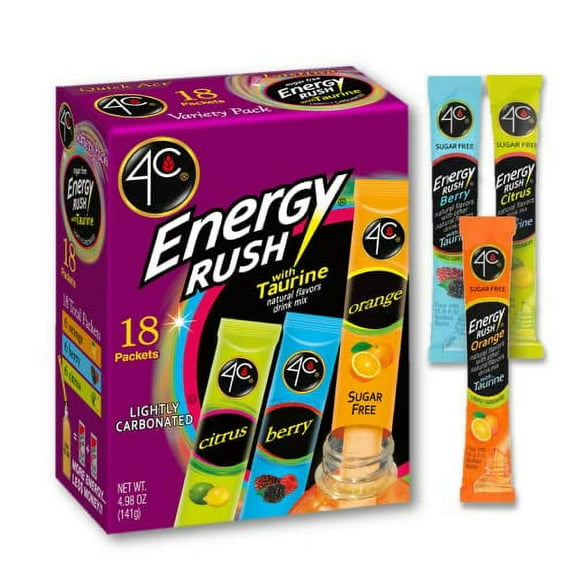 4C Energy Rush Stix, Single Serve Water Flavoring Packets, Sugar Free with Taurine, On the Go Bundle 18 Count (Variety Pack, 1 Pack)