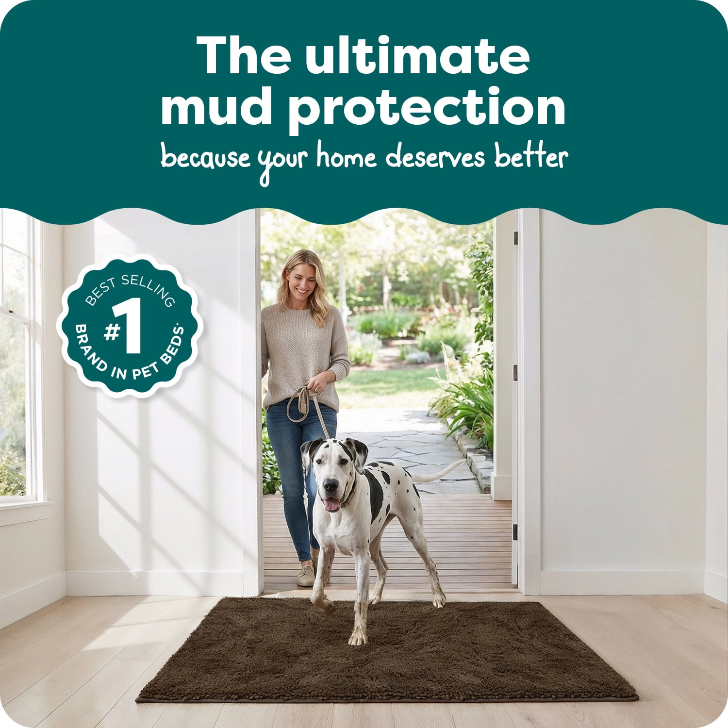 FurHaven Ultra Absorbent Dog Door Mat, Muddy Paws Chenille Rug with Machine Washable & Non Slip Backing for Cleaner Floors & Pet Safety, Jumbo Plus XXXL, Mud Brown