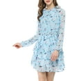 thumbnail image 3 of INSPIRE CHIC Women's Floral Printed Smocked Waist V Neck Long Sleeve Chiffon Dresses M Light Blue, 3 of 8