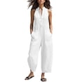 thumbnail image 2 of Linen Jumpsuits for Women Sleeveless Loose Wide Leg Long Pants V Neck Button Down Jumpsuits with Pockets, M, 2 of 4