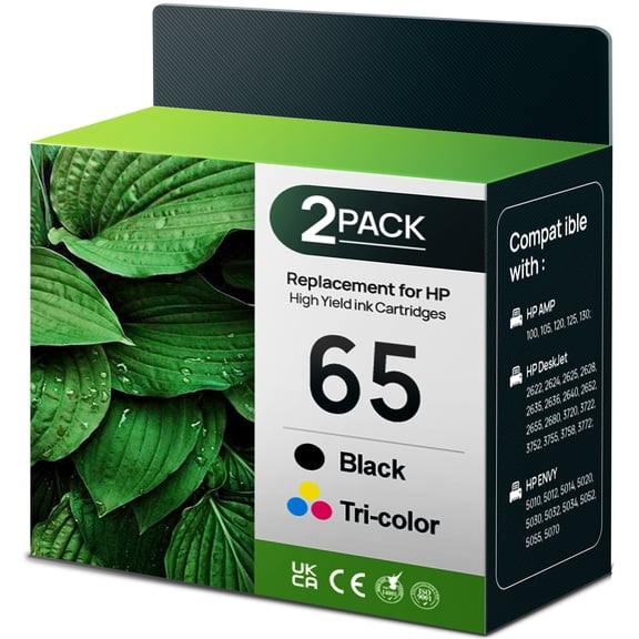 65 Ink for HP 65 Ink Cartridge Black Tri-color Ink Cartridges for Compatible for HP Printers Ink 65 (2-pack)