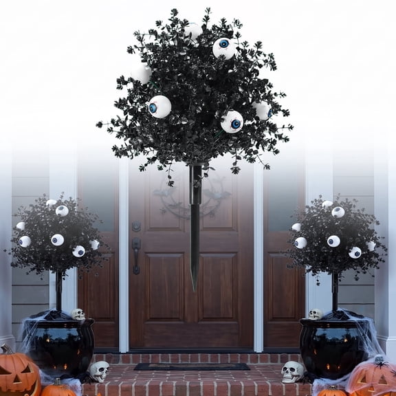 Halloween Black Artificial Bush with White Eyes. Garden Stake, Fake Plants Spooky Outdoor Indoor Halloween Floral Stake Decor, Seasonal Artificial Flower Stake for Yard Grave Site