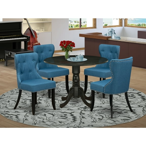 Homestock Urban Upmarket Furniture A Dining Room Table Set F 4 Wonderful Kitchen Chairs Using Fabric Mineral Blue Color And A Beautiful Wood Pedestal Kitchen Table Using Wire Brushed Black