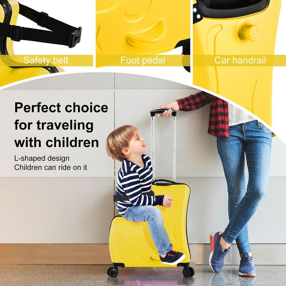 Kids Travel Suitcase with Wheels, Secure Harness System - 20in Carry On Luggage for Toddler Airplane Trips (Yellow)