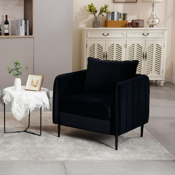 Modern Accent Chair for Living Room with Pillow, Upholstered Velvet Single Sofa Chair with Metal Legs, Bedroom Office Reading, Black