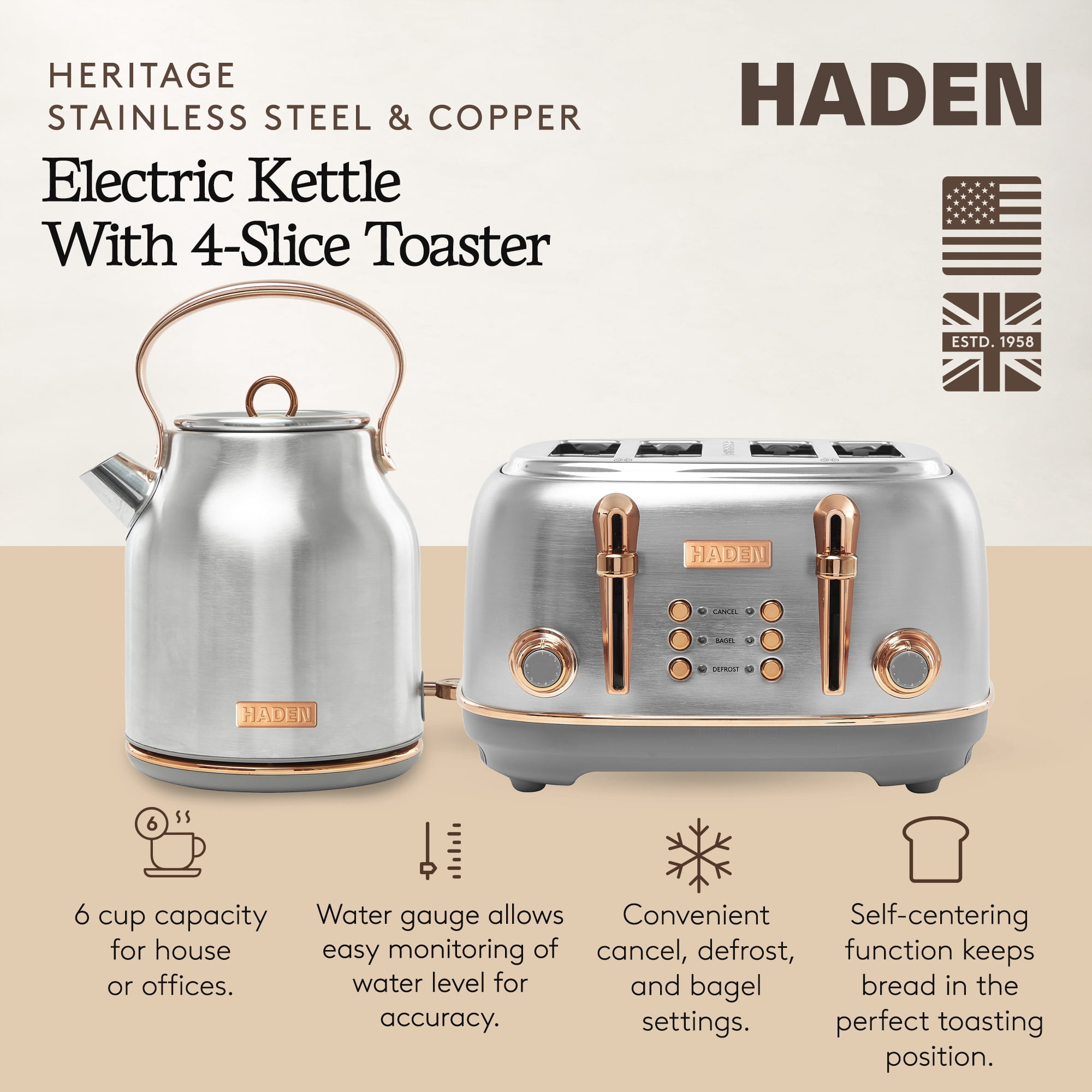 Haden Heritage 4 Slice Wide Toaster & Electric Water Kettle, Ivory & Copper