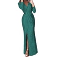 thumbnail image 1 of Vestido de cóctel Prolriy, vestido de fiesta para mujer, con lentejuelas, manga larga, cuello en V, largo, ajustado, con abertura, para invitada de boda, 2024, verde, XL, 1 of 6