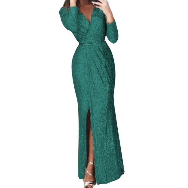 Vestido de cóctel Prolriy, vestidos de fiesta para mujer, lentejuelas, manga larga, cuello en V, vestido largo ajustado para discoteca con abertura, vestidos de invitada de boda para mujer 2024,