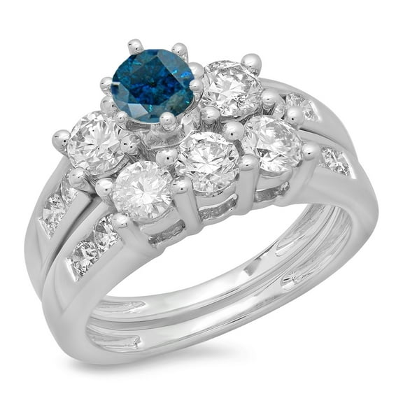 Dazzlingrock Collection 2.25 Carat (ctw) 14K Blue & White Diamond 3 Stone Engagement Ring Set 2 1/4 CT, White Gold, Size 7.5