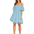 thumbnail image 2 of XINQIHANG Womens Mini Dress Summer Casual Puffy Sleeve Off Shoulder Elastic Waist Aline Flowy Ruffle Dresses, 2 of 7