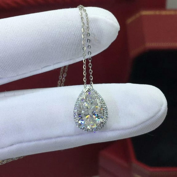 2Ct Lab Created Diamond Pear Halo Pendant 14K White Gold Silver Plated Chain18''
