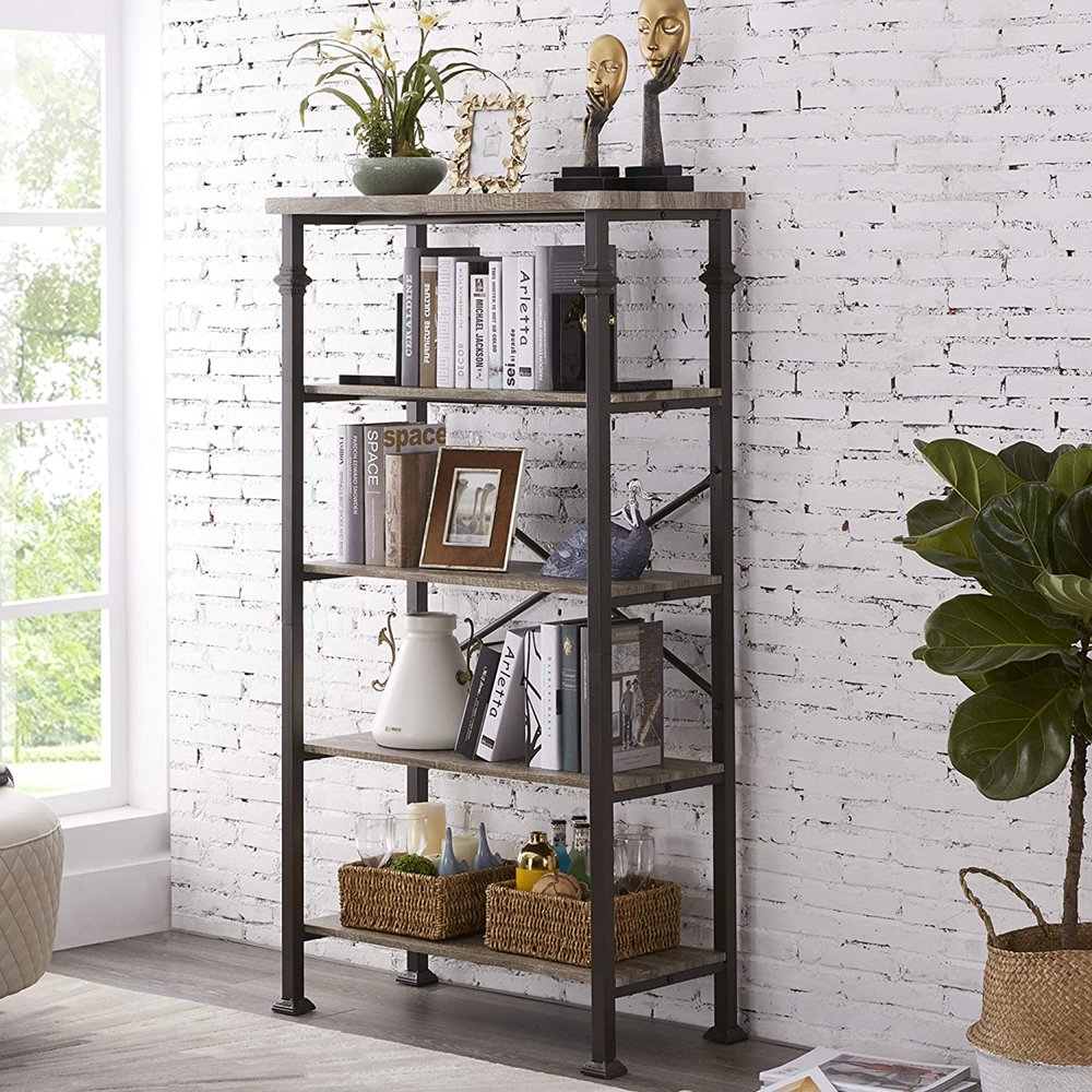 5Tier Modern Industrial Bookshelf with Sturdy Metal Frame, Large Book