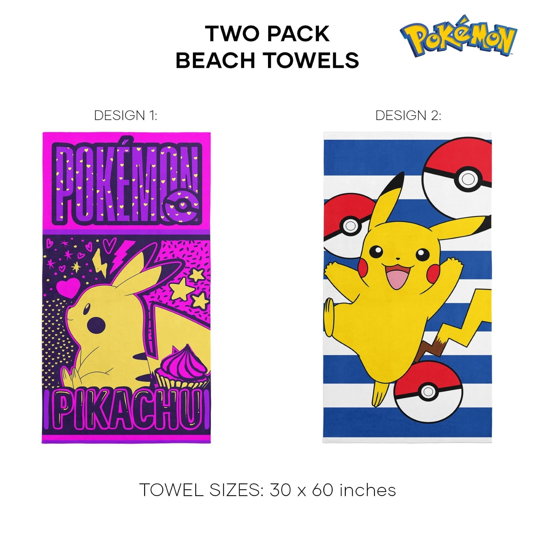 Pokemon Sweet Sumr Pika Beach Pika 2 pack Beach Towels, 30 x 60 inches