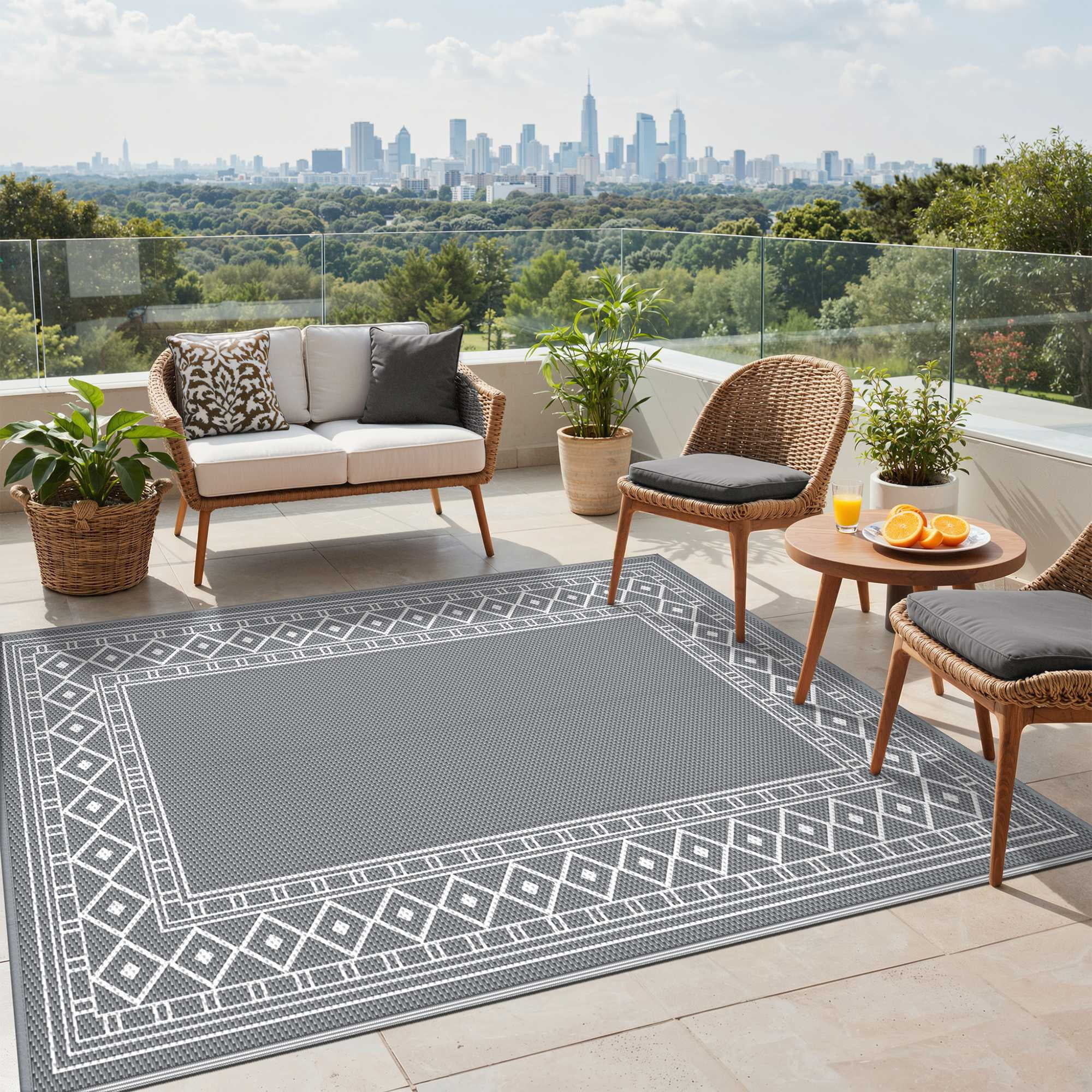 DEORAB Outdoor Rugs Waterproof Plastic Straw Camping Carpet Reversible Patio Outside Mat 9'x12',Grey & White