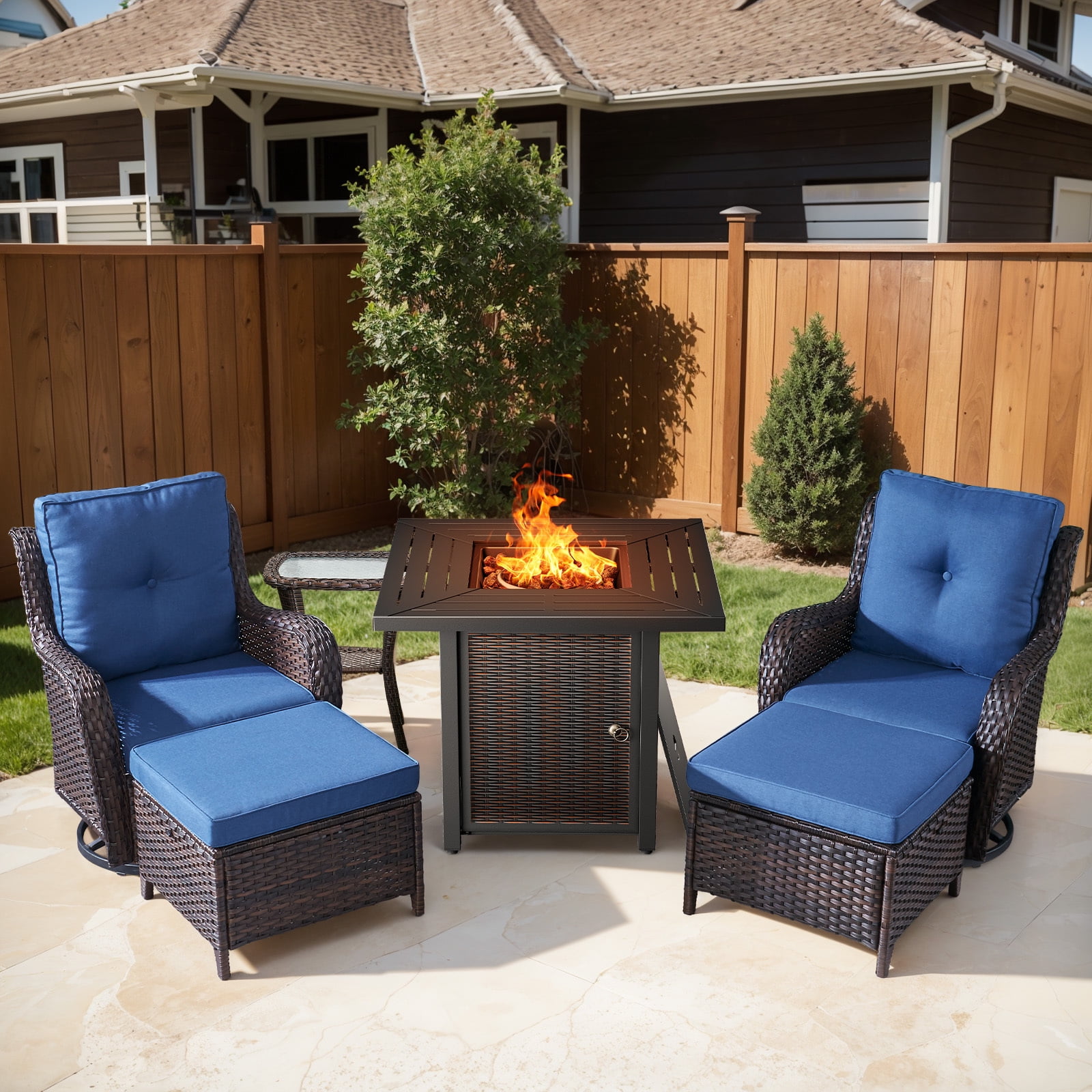 Bellefurn 6 Pieces Patio Furniture Sets with Fire Pit and Swivel Rocker Chairs,Outdoor Furniture with Fire Pit & Ottoman Outdoor Conversation Set for Porch Deck Backyard Poolside
