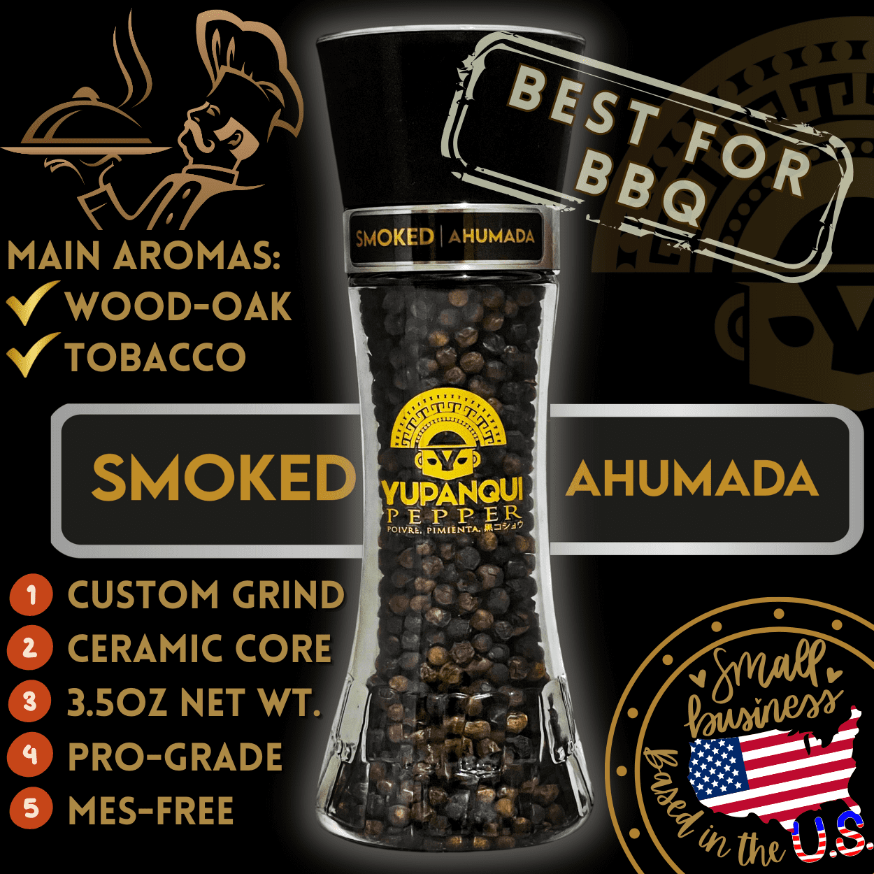 Yupanqui Smoked Pepper Grinder for Cooking BBQ 3.5oz, Pure Natural Flavor SMOKED PEPPERCORNS Organic
