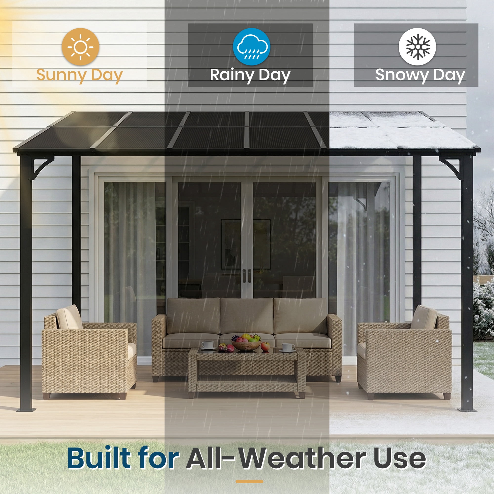10’ x 12’ Wall-Mounted Gazebo with Polycarbonate Roof Panels, Lean-to Pergola Patio Cover with Aluminum Frame, Outdoor Awning for Backyard, Porch & Deck