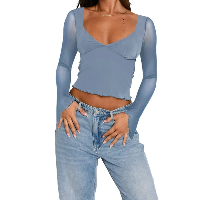 Fortune Women Mesh Long Sleeve Tops Deep V Neck Shirt Tee Basic Slim Fitted Crop Top
