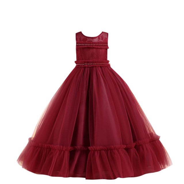 RXIRUCGD 2025 Vêtements d'Été pour Enfants Robe de Princesse Sans Manches Col Rond Couleur Unie Brodée Exquise Perles Robe de Soirée Robe de Banquet