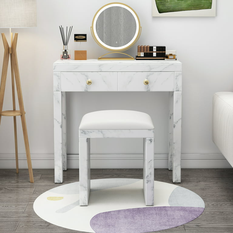 Makeup Vanity Table with Clear Tempered Glass Tabletop,Vanity desk with  Storage Stool and 3 Drawers,Dressing Table with LED Lighted Mirror,3  Lighting