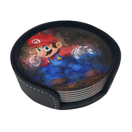 

Super Mario 6 Pieces Pu Leather Coaster Non-Slip Drink Coasters Bar Beer Beverage Coaster With Holder