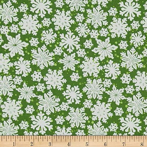 Fabri-Quilt Seasons Greetings Imagine Snowflakes Green 100% Cotton Fabric sold by the yard