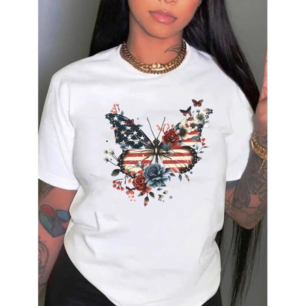 Camiseta informal de manga corta con cuello redondo y estampado floral de mariposas y bandera estadounidense para mujer, tejido de punto de elasticidad media, cómoda camiseta de verano para todas las