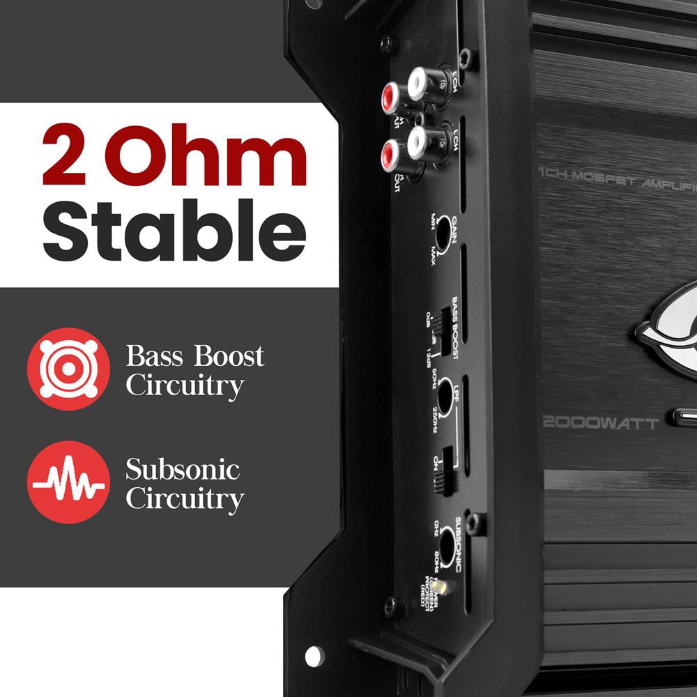 Mono-Block Mosfet Amplifier - 2 Ohm Stable, Heritage Series Amplifier,Low Pass Filter, Chrome RCA Inputs, Power Speaker Terminals, 5 Way Protections with Bass Boost Circuitry - HTG138