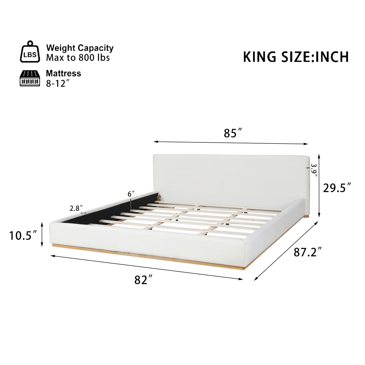 Luckynote Upholstered King Bed, Solid Wood Frame Platform, No Box Spring Needed for Comfortable Sleep, Master Bedroom, White