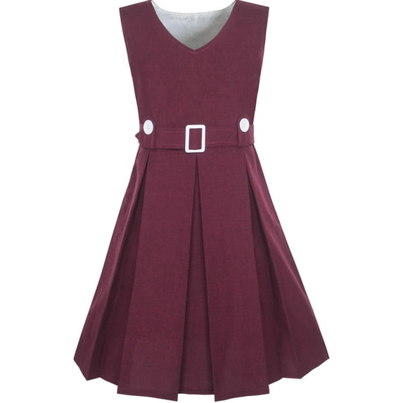 Girls Dress Maroon Button Back School Uniform Pleated Hem 14