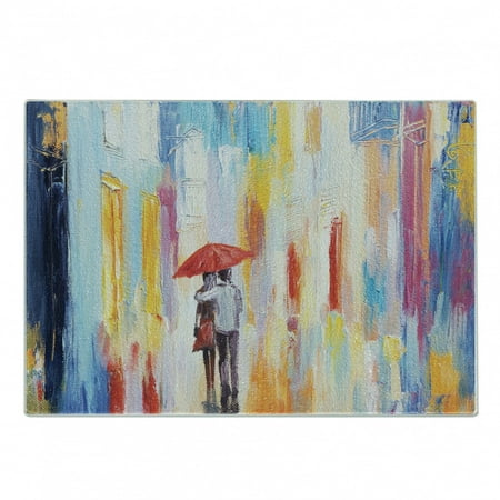 

Urban Cutting Board Silhouette of a Love Couple in Street Rainy Day Romance in Urban City Life Design Decorative Tempered Glass Cutting and Serving Board Small Size Multicolor by Ambesonne