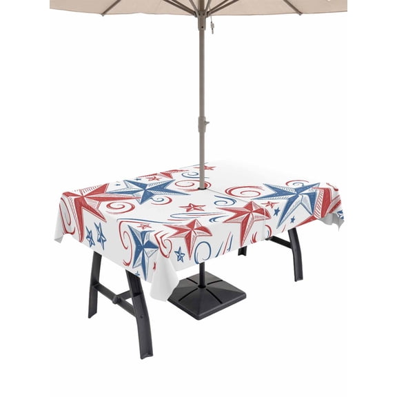 Outdoor Tablecloth with Umbrella Hole for Patio/Picnic/Party/Camping, American Star Modern Waterproof Table Cloth Rectangle Table Cover Washable, Blue Red Patriotic Solid Color Classic (60"x 84")