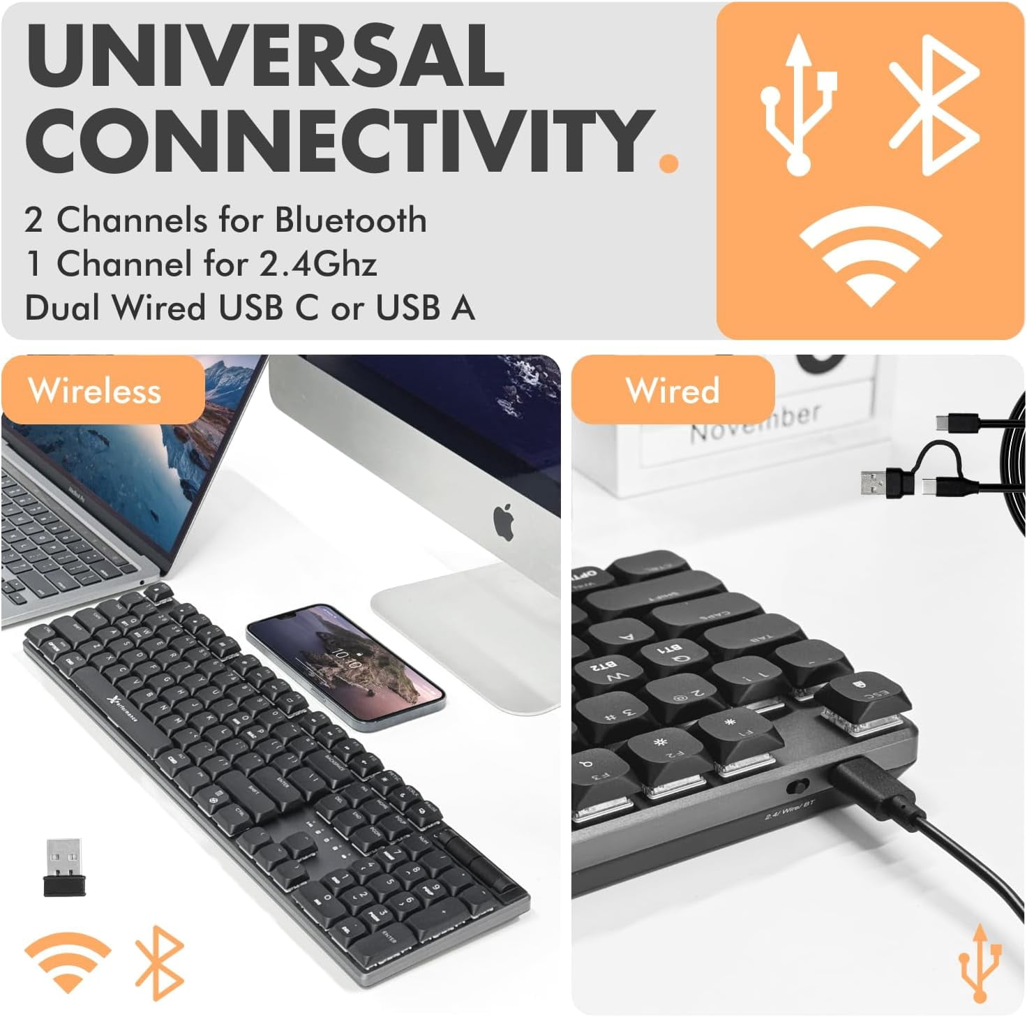 X9 Performance Low Profile Mechanical Keyboard Wireless (Wired + BT + 2.4Ghz) - Triple Mode Connectivity, Red Switches, Backlit, 107-Key - Slim Bluetooth Mechanical Keyboard for Mac and PC