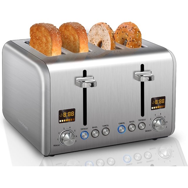 SEEDEEM 4 Slice Toaster, Stainless Toaster with Colorful LCD Display, 7 Bread Shade Setting, 1.5'' Wide Slots Toaster with Bagel/Defrost/Reheat Functions, Removable Crumb Tray, Silver Metallic, 1800W