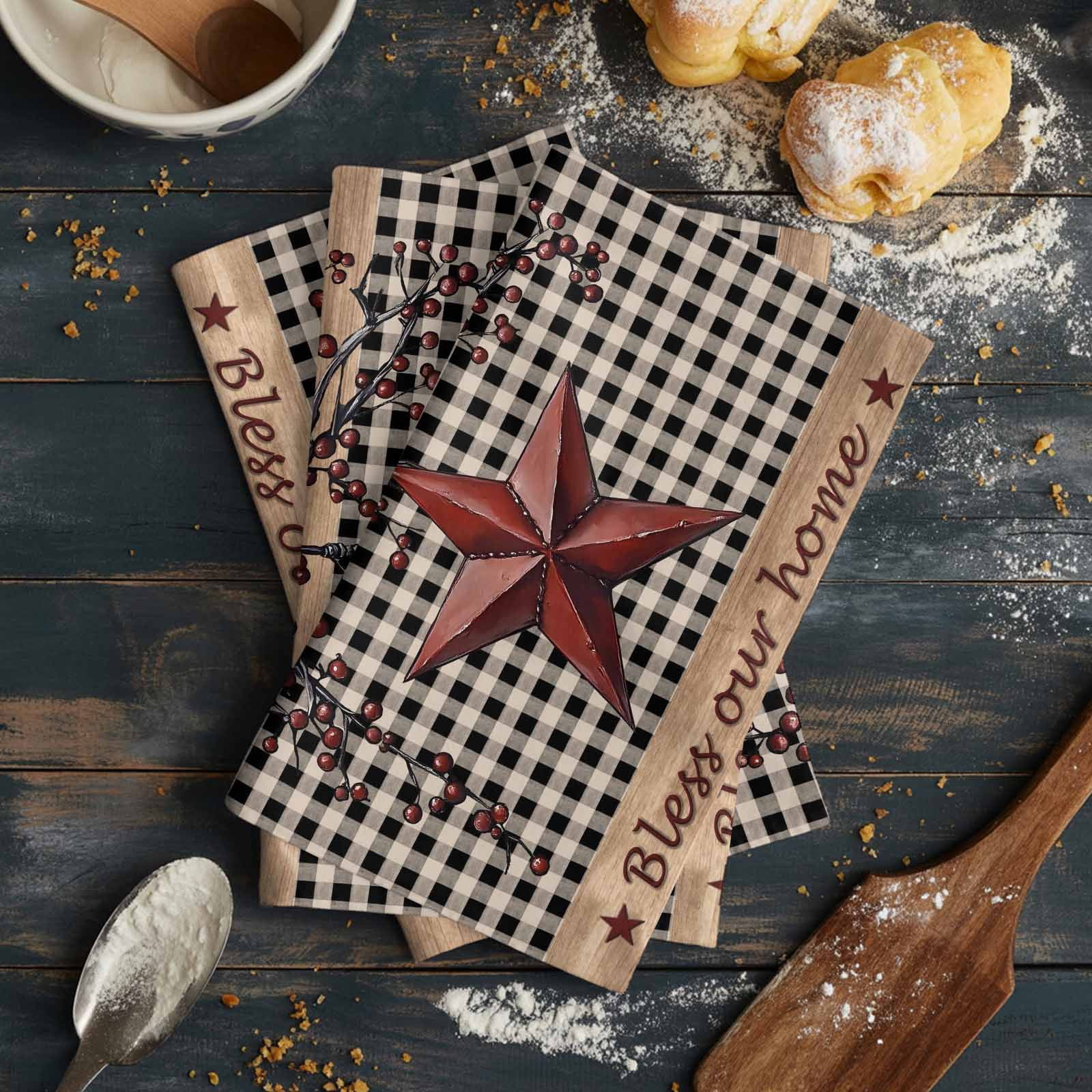 Texas Star Farmhouse Kitchen Towels Set of 4, Water Absorbent Dish Towel, Rustic Black Plaid Berry Wooden Decorative Hand Towels - Quick Drying Cloth for Cooking Baking, 18x28 Inch