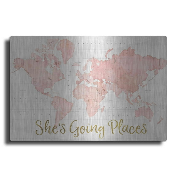 Luxe Metal Art 'Across the World Shes Going Places Pink' by Sue Schlabach, Metal Wall Art, 24"x16"