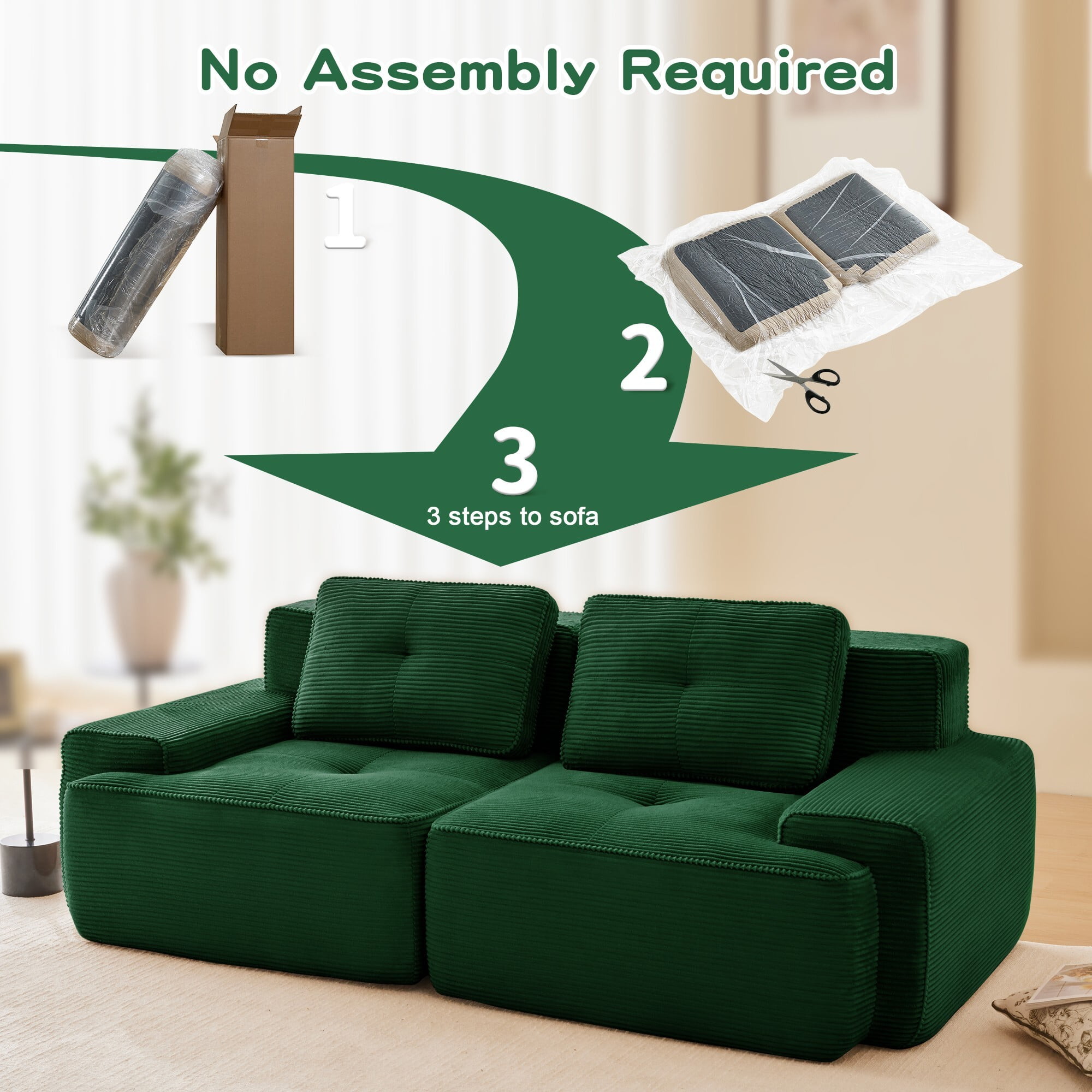 DEALTOPS Oversized Corduroy Loveseat, Sponge Filler Deep Seat 2-Seater Sofa for Living Room, No Assembly Needed, Green
