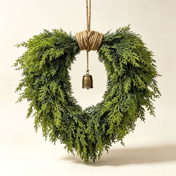 20" Christmas Wreaths for Front Door Christmas Decorations Heart Shaped Artificial Greenery Wreath with Rustic Bell All Season Spring Christmas Farmhouse Decor
