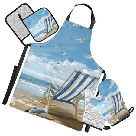 Seagull and Striped Beach Chair 5 Pcs Kitchen Set Heat Resistant Oven Mitts and Non-Slip Pot Holders with Adjustable Cooking Apron