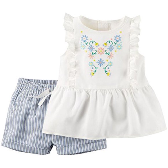 Carter's Baby Girls' 2 Piece Ticking Stripe Short Set, Ivory, 3 Months