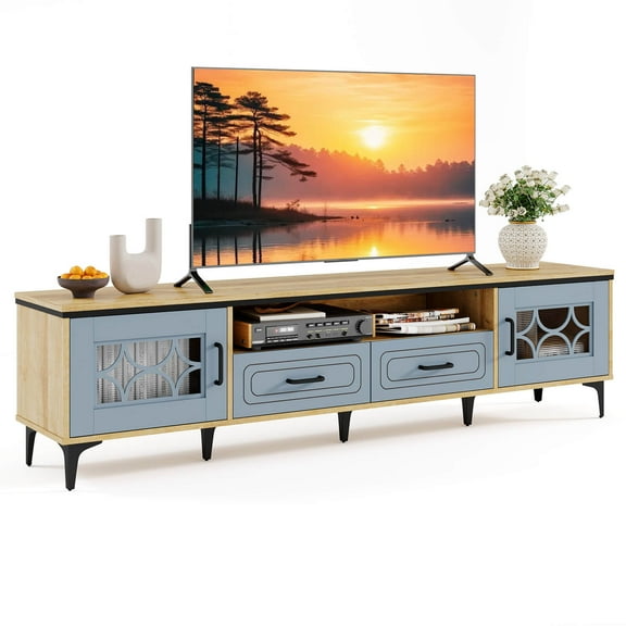 Costway 71" TV Stand for TVs up to 80" with Open Compartment Side Cabinets & Drawers Beige
